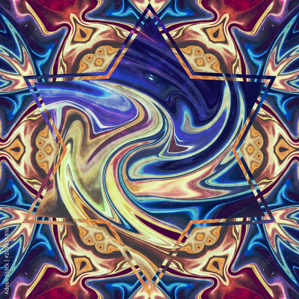 Creative mystical mandala. Kaleidoscopic abstract wallpaper. Sacred geometry digital painting art. Ethnic fractal artwork. Symmetric stylish graphic design pattern. Good for print on fabric or canvas.