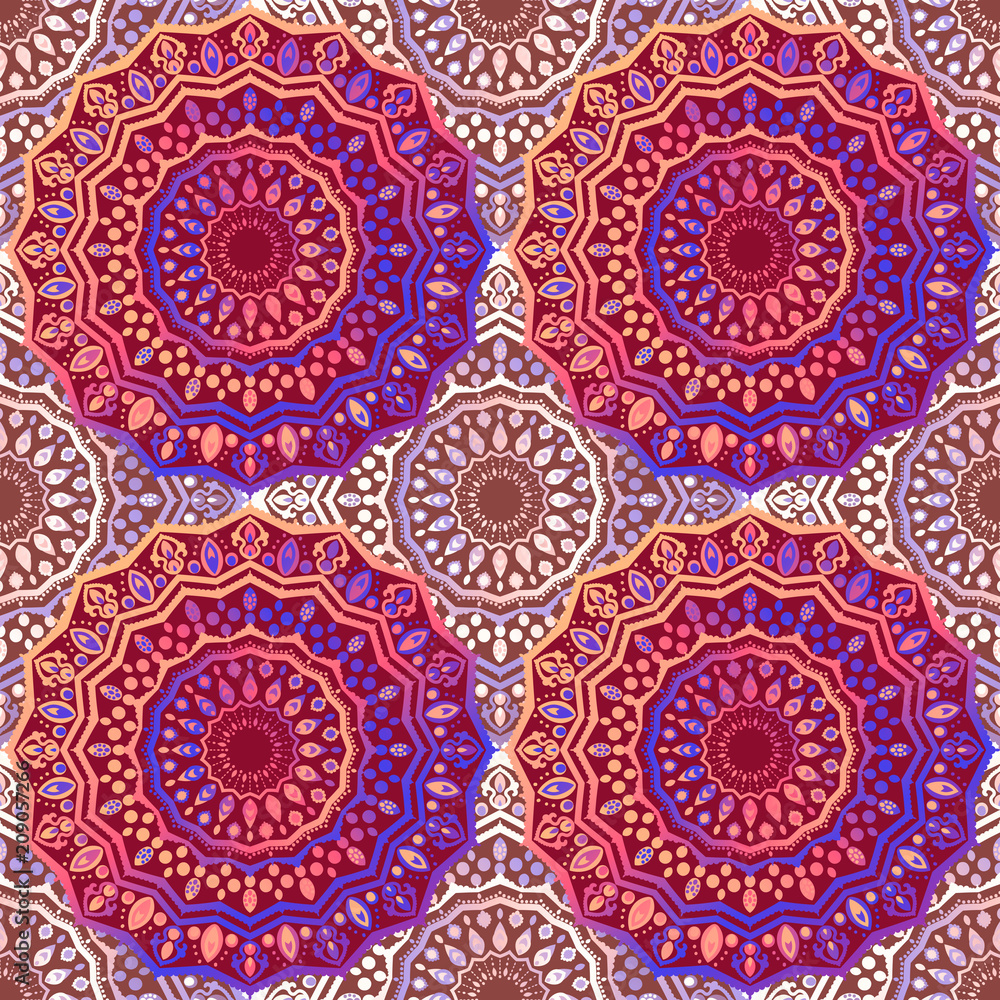 Seamless pattern with a circular ornament. Bright background with styled ethnic motives. Mandala wallpaper.