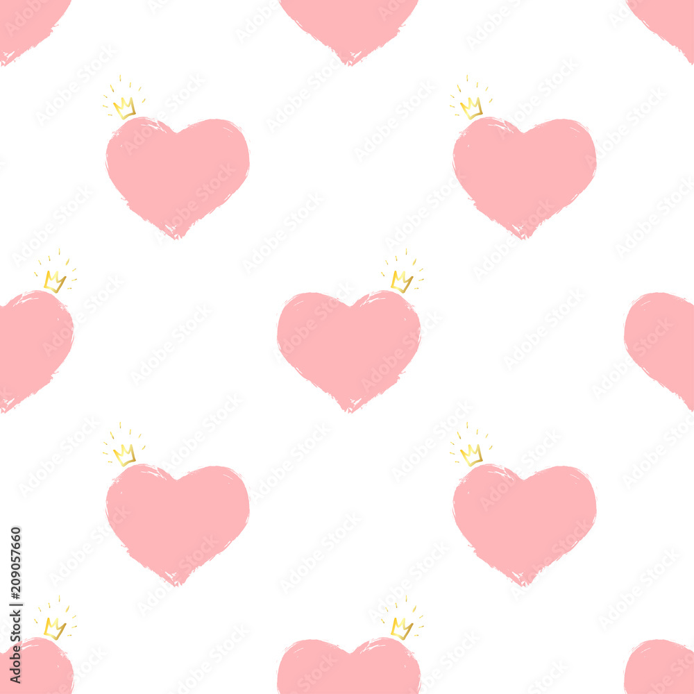 Pink hearts with a golden crown. Seamless pattern