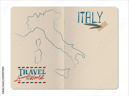 Map of Italy drawn by hand in an open stapled travel notebook and olive leaves with masking tape