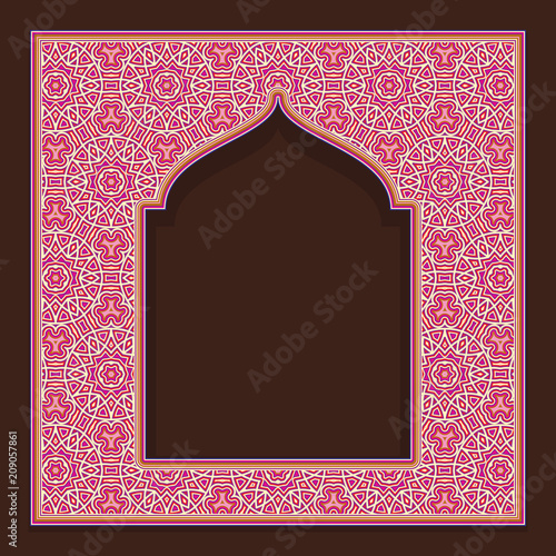 Patterned arched window frame in oriental traditional style. Colorful ornament for greeting card design.