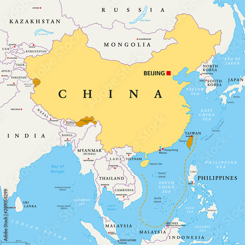Peoples Republic of China, PRC, political map. Area controlled by China in yellow, and claimed but uncontrolled regions shown in orange. Capitals and borders. English labeling. Illustration. Vector.