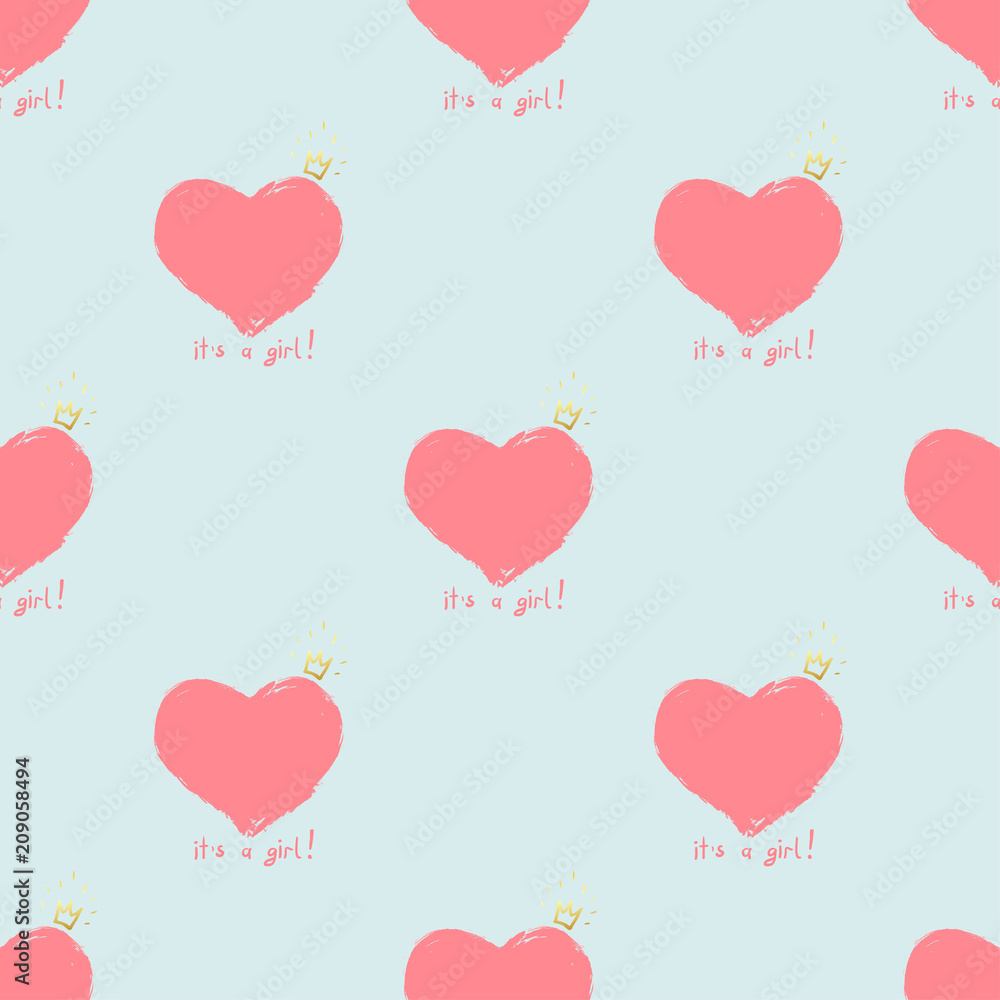 Baby girl birth announcement seamless pattern. It's a Girl and pink hearts with a golden crown. Background with pink hearts