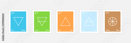 A set of five rectangular postage stamps. Alchemical symbols four main elements and fifth symbol ether. Flat style modern vector illustration. photo