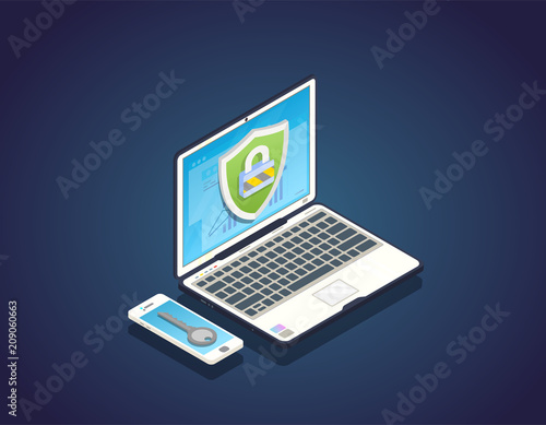 Duo authentication concept. Isometric laptop with private data secured with shield and padlock. Mobile phone with key to unlock laptop. Security two step identification concept banner.