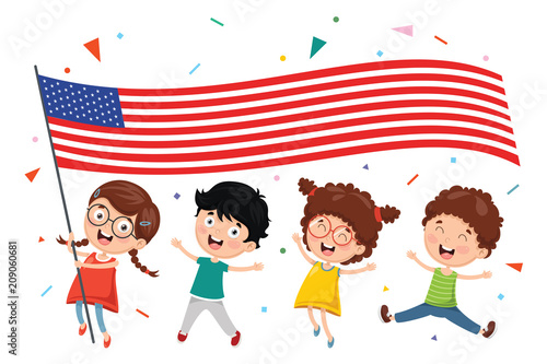 Vector Illustration Of Kid Holding Flag