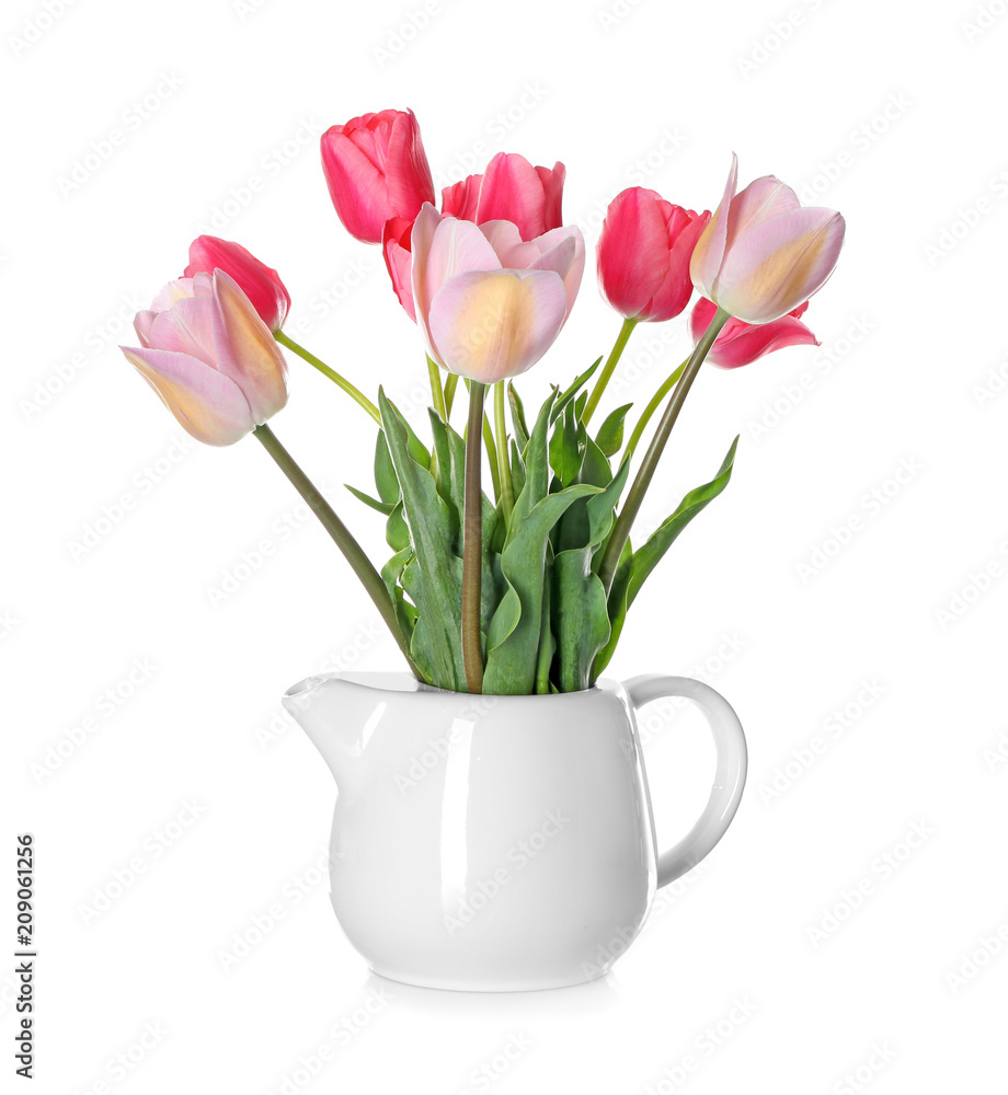 Fototapeta premium Pink and Light Pink Tulips in White Pitcher