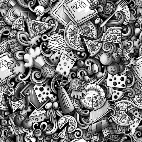 Cartoon cute doodles hand drawn Pizza seamless pattern