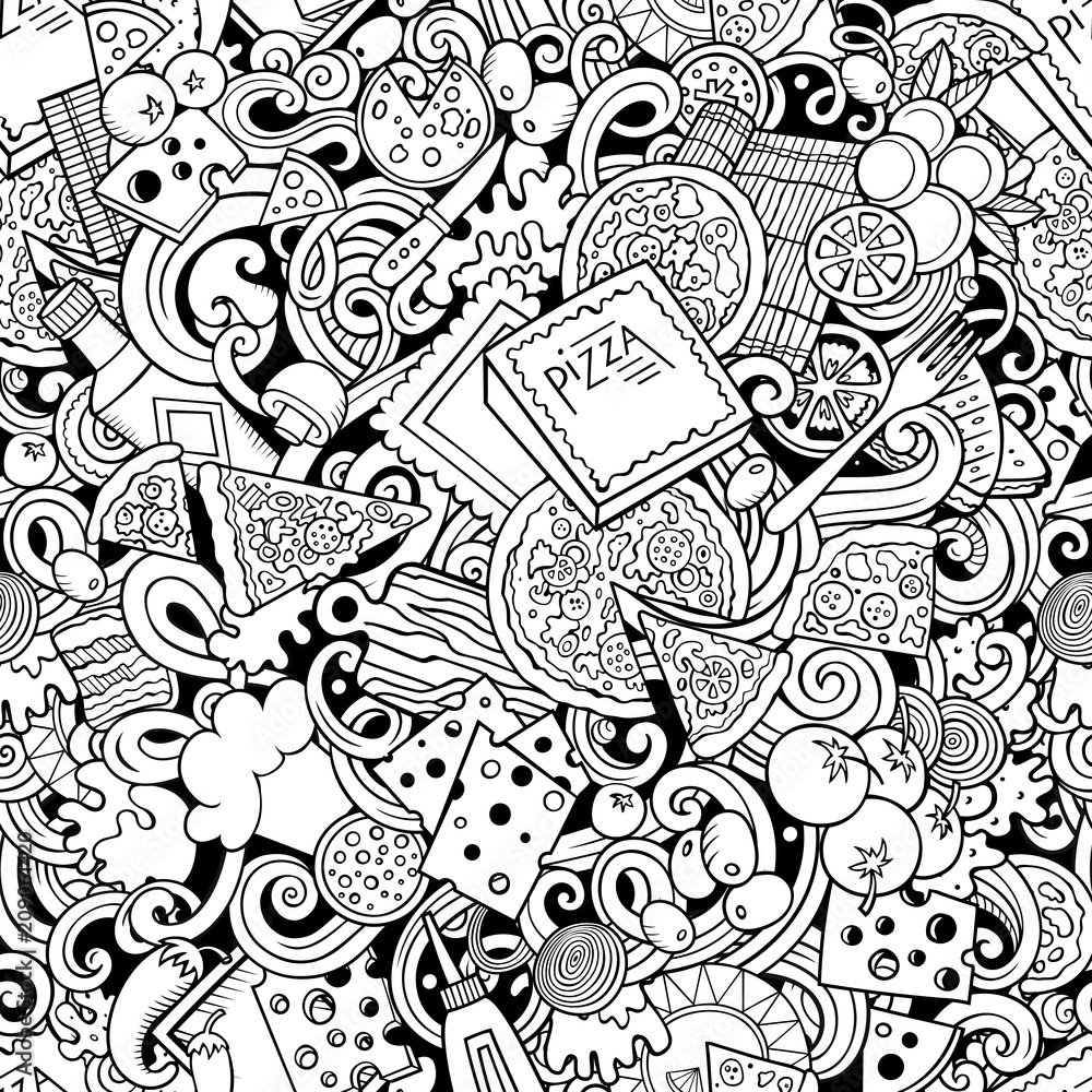 Cartoon cute doodles hand drawn Pizza seamless pattern Cartoon cute doodles hand drawn Pizza seamless pattern