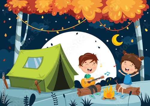Vector Illustration Of Kids Camping