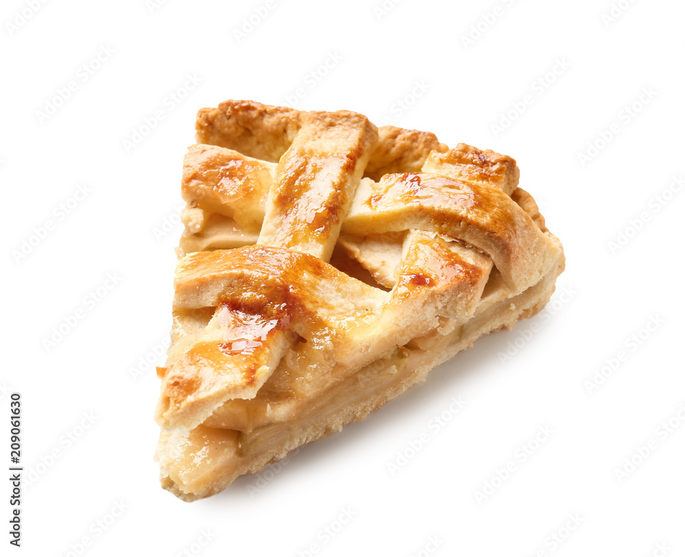 Piece of tasty homemade apple pie on white background Piece of tasty homemade apple pie on white background