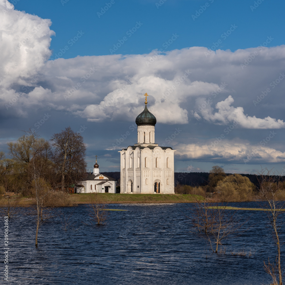 The Church of the Intercession of the Holy Virgin on the Nerl River in Bogolubovo  on a spring evening,  Vladimir Region, Russia