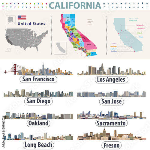California's vector high detailed map showing counties formations. Skylines of major cities of California