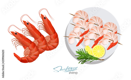 Shrimps on a skewer with rosemary and lemon on the plate. Shrimp isolated on white background. Vector illustrationin cartoon style. Seafood product design. Edible sea food.