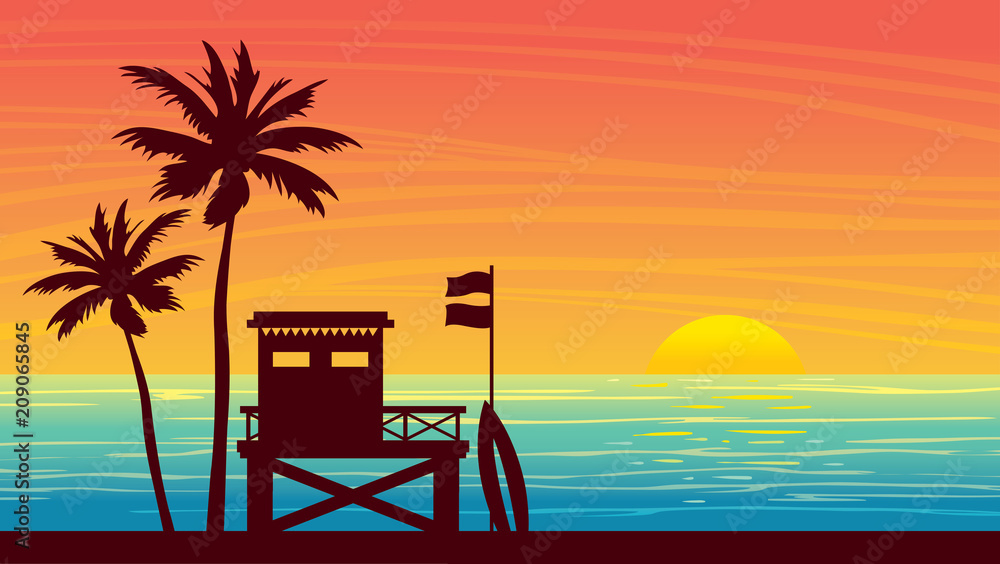 Obraz premium Letni krajobraz - stacja ratownika, morze, palma i zachód słońca.