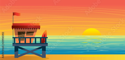 Summer landsape - lifeguard station, sea and sunset.