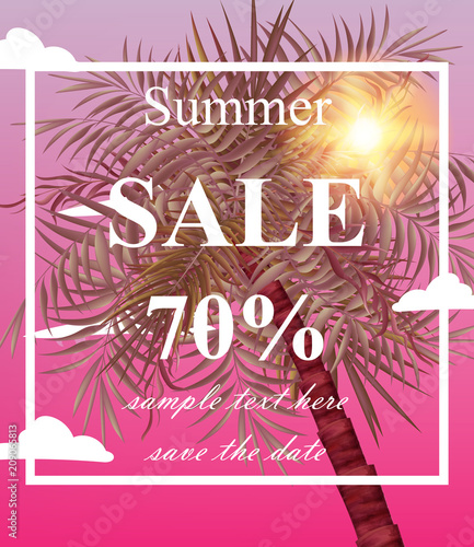 Summer sale card Vector. Palm tree pink backgrounds