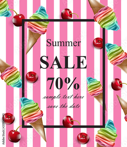 Summer sale card Vector. Ice cream pink banner backgrounds