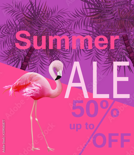 Flamingo Summer sale card Vector. violet and pink backgrounds