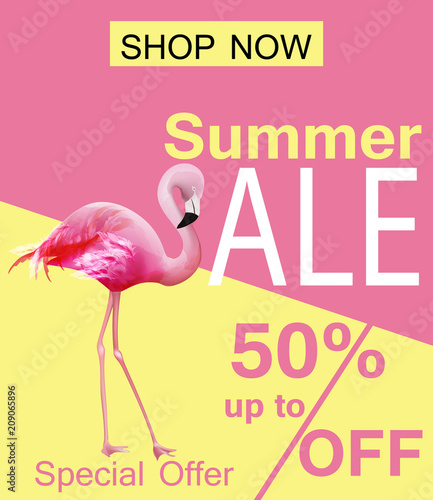 Flamingo Summer sale card Vector. violet and pink background