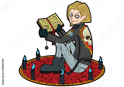 Rebel warlock/ Illustration a young man with a spell book, in a subculture outfit, sitting inside a magic circle with candles
