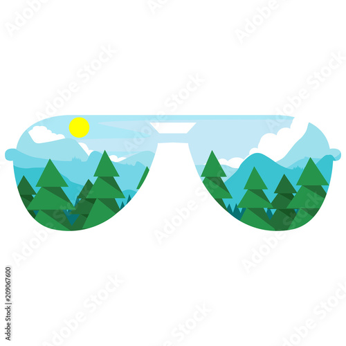 Illustration in the style of the "Double Exposition", which has nature: mountains, sun, trees, clouds and all this in the form of sunglasses. Vector illustration. Flat style