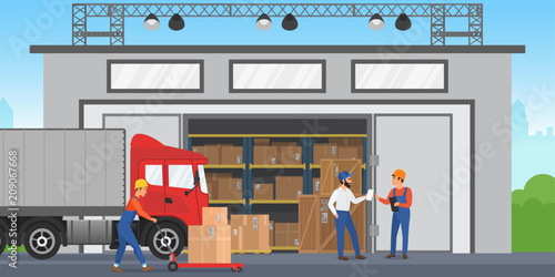 Vector Warehouse workers are arranging goods on the shelves. Warehouse exterior building wirh cargo truck.