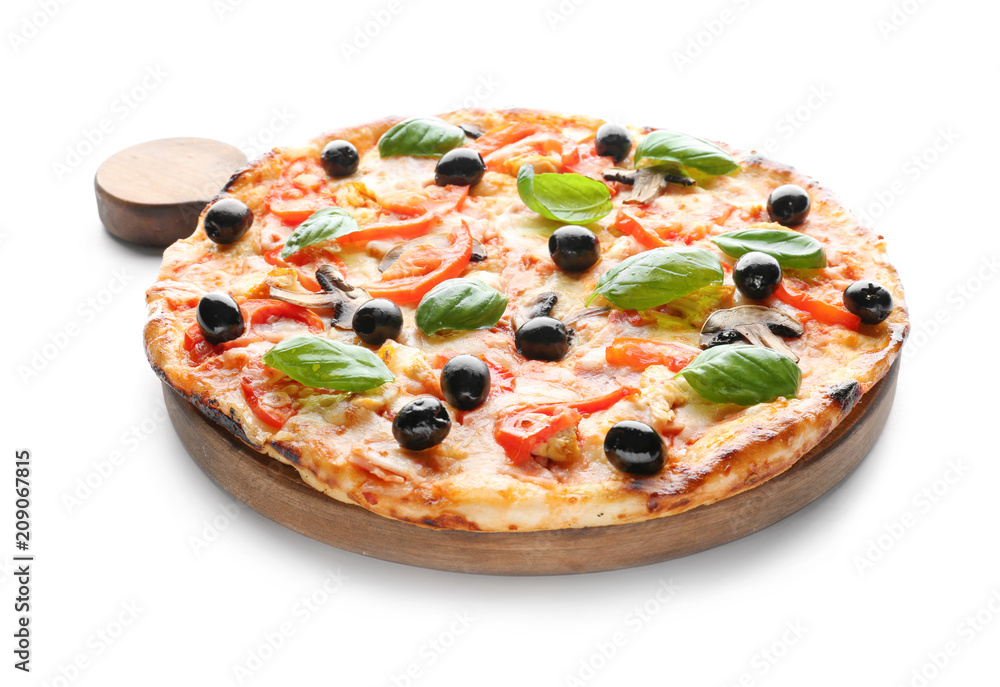 Wooden board with tasty Italian pizza on white background