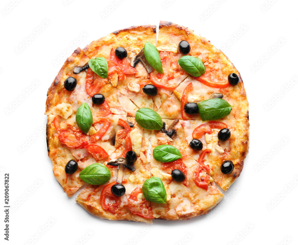 Fototapeta Tasty Italian pizza with olives on white background