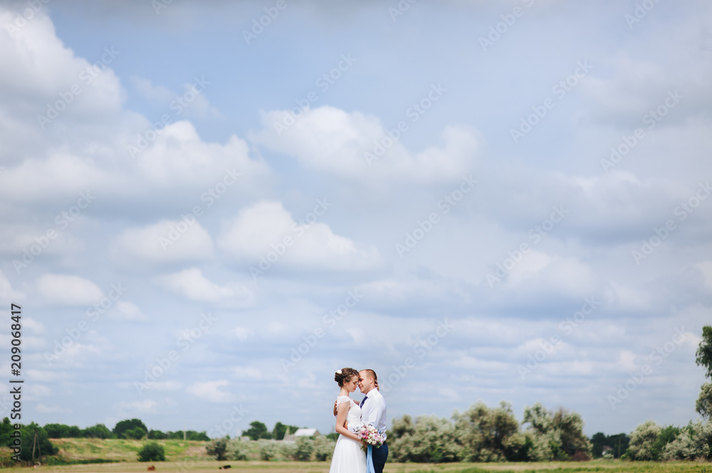 A loving groom and a beautiful bride in a lace dress gently embrace in a field with blue clouds. Wedding portrait of the newlyweds in sunny weather. Wedding in the village. Rural wedding.