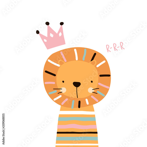 Cute lion girl with pink crown. Vector hand drawn illustration.