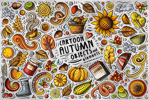 Vector doodle cartoon set of Autumn items, objects and symbols