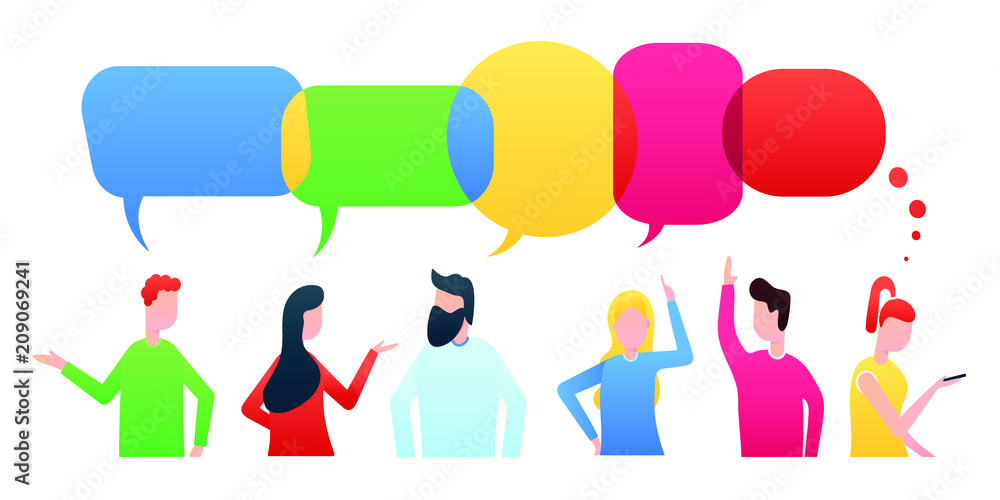 Businessmen social conversation network discuss, social network chat or dialogue with chat bubbles flat style gradient version vector illustration isolated on white background. Sharing news, messages. Businessmen social conversation network discuss, social network chat or dialogue with chat bubbles flat style gradient version vector illustration isolated on white background. Sharing news, messages.