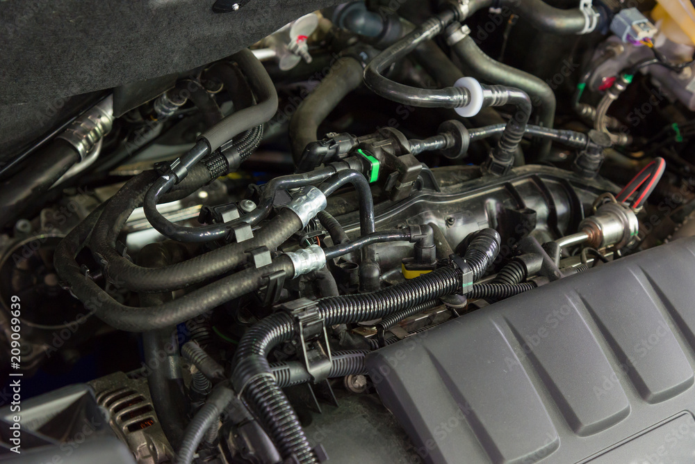 Details of a new car engine and attachments Details of a new car engine and attachments