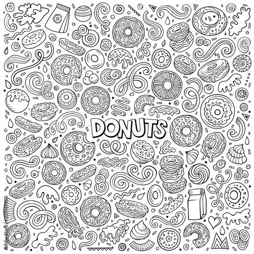 Vector cartoon set of Donuts objects and symbols