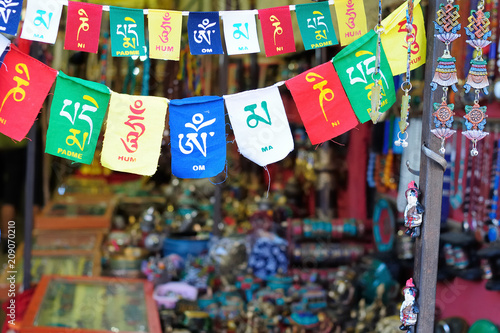 View on Buddhist prayer flags and souvenirs, Leh - Ladakh, India