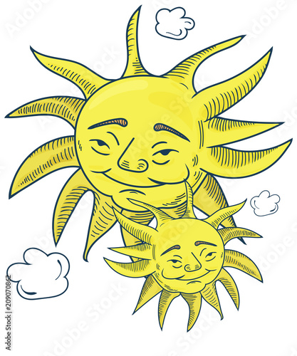 Vector hand drawn by pencils illustration for pagan and wiccan community: Midsummer solstice sun face.
