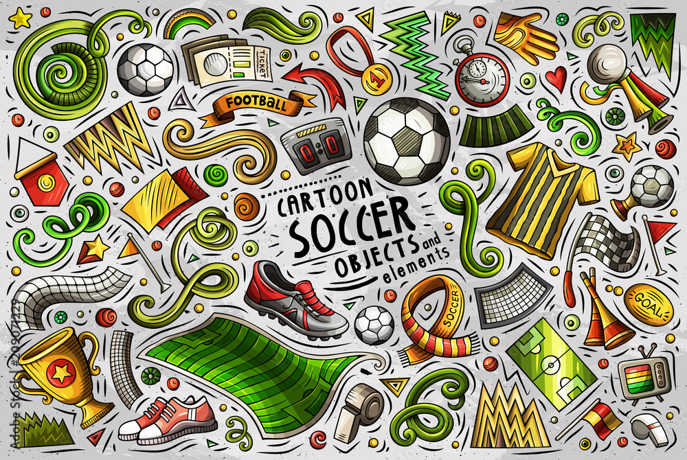 Vector doodle cartoon set of Soccer objects