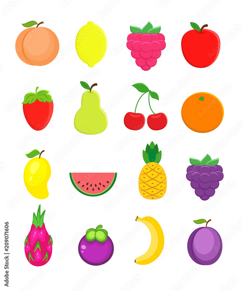 Set of different fruits in flat style. Peach, lemon, mango, wate Set of different fruits in flat style. Peach, lemon, mango, wate