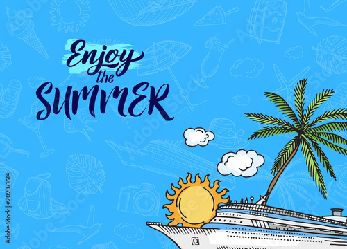 Vector hand drawn summer travel elements background with place for text illustration