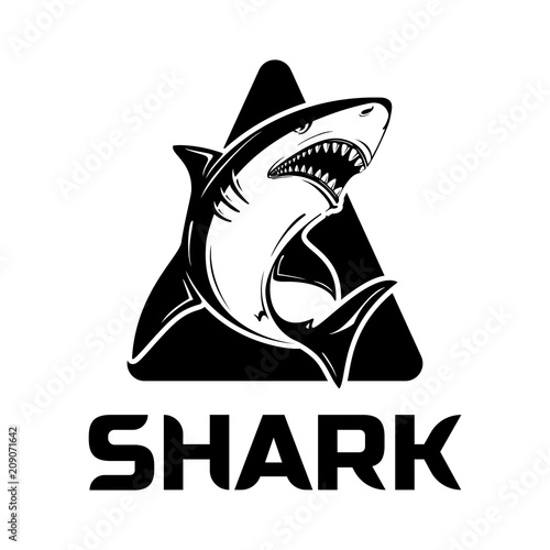 Angry black or tiger shark silhouette mascot character  vector illustration isolated on white background. Perfect to use for printing on tshirts, mugs, caps, logos, mascots or other advertising design