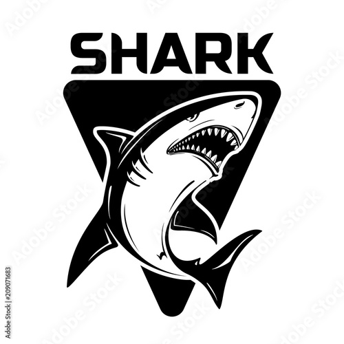 Angry black or tiger shark silhouette mascot character  vector illustration isolated on white background. Perfect to use for printing on tshirts, mugs, caps, logos, mascots or other advertising design
