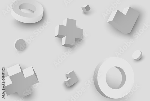 Grey background with 3d geometric figures.