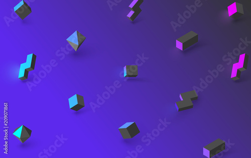 Blue abstract background with 3d geometric figures.