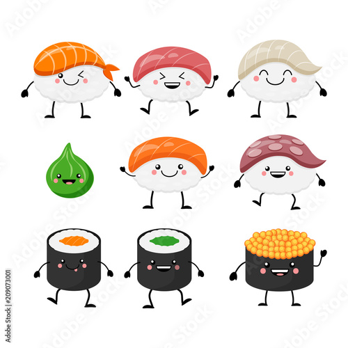 Cute cartoon sushi set characters. Kawaii sushi. Vector illustra