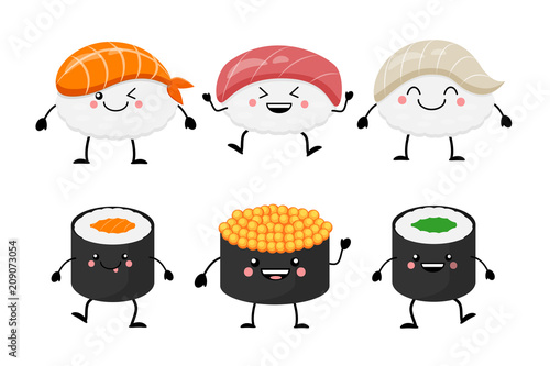 Cute cartoon sushi set characters. Kawaii sushi. Vector illustra
