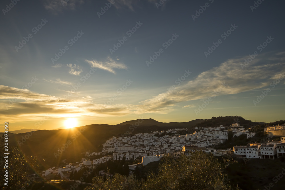 Almogia white village at sunset in Malaga province, Spain