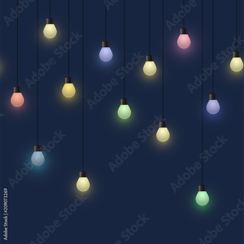 Glowing colorful bulb garland, decorative light garland on dark background, footer and banner lamps, vector illustration