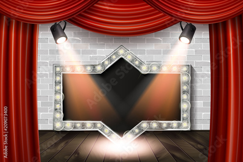 Wooden stage with red curtain and white brick
