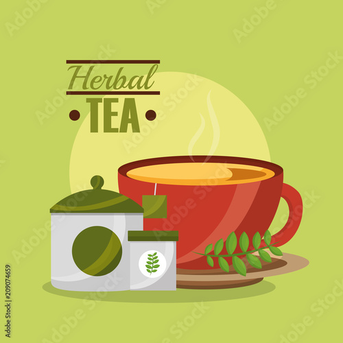 tea cup sugar teabag and herbal flavor tea time vector illustration